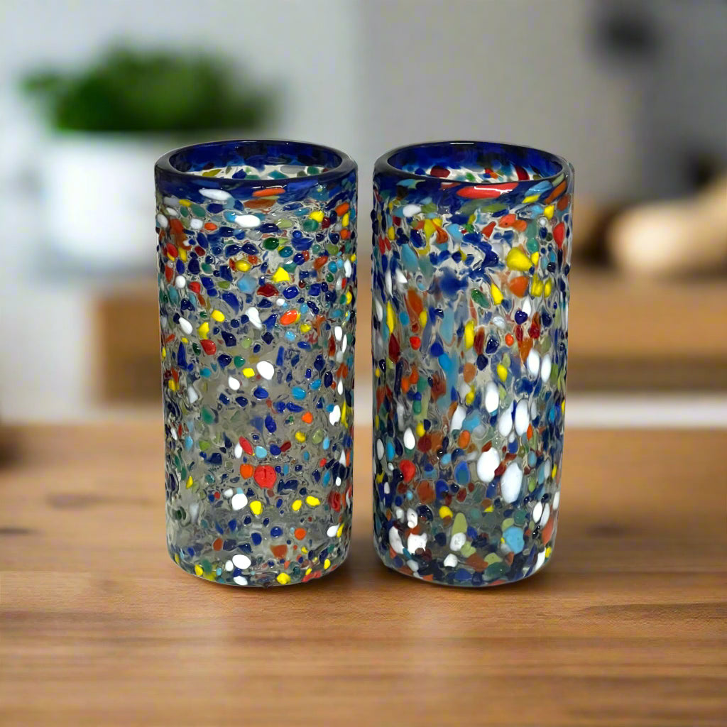Blue Rim Confetti Pebbled Glass | Hand-Blown Mexican Tumbler